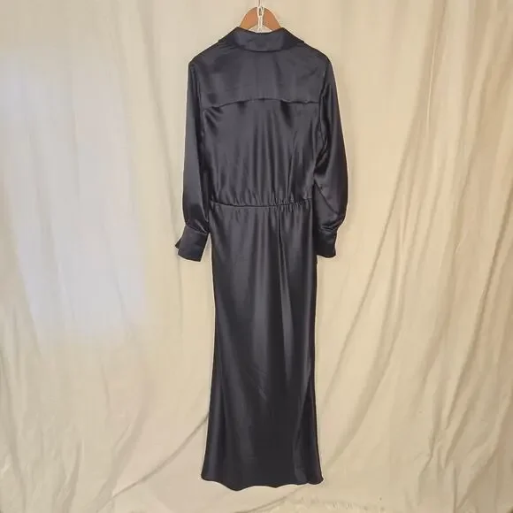 Women's Xscape Emery Satin Collar Long Sleeve Navy Dress W12 - Picture 4 of 7